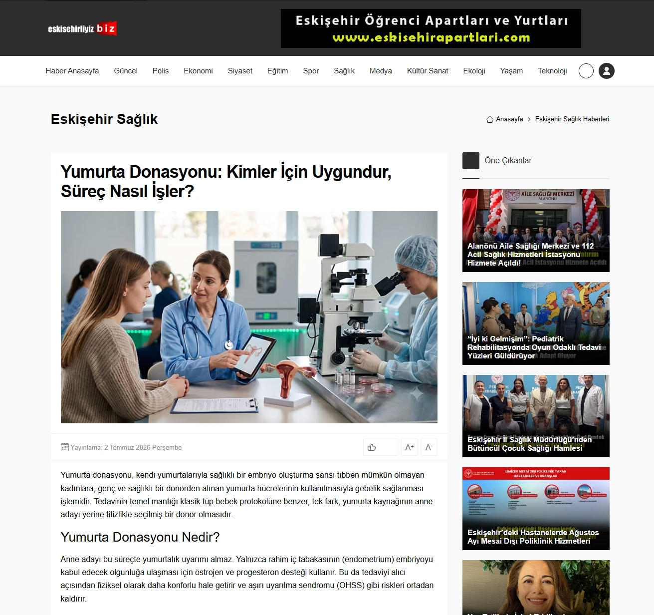 Eskişehirliyiz'de yayımlanan Yumurta Donasyonu: Kimler İçin Uygundur haberi