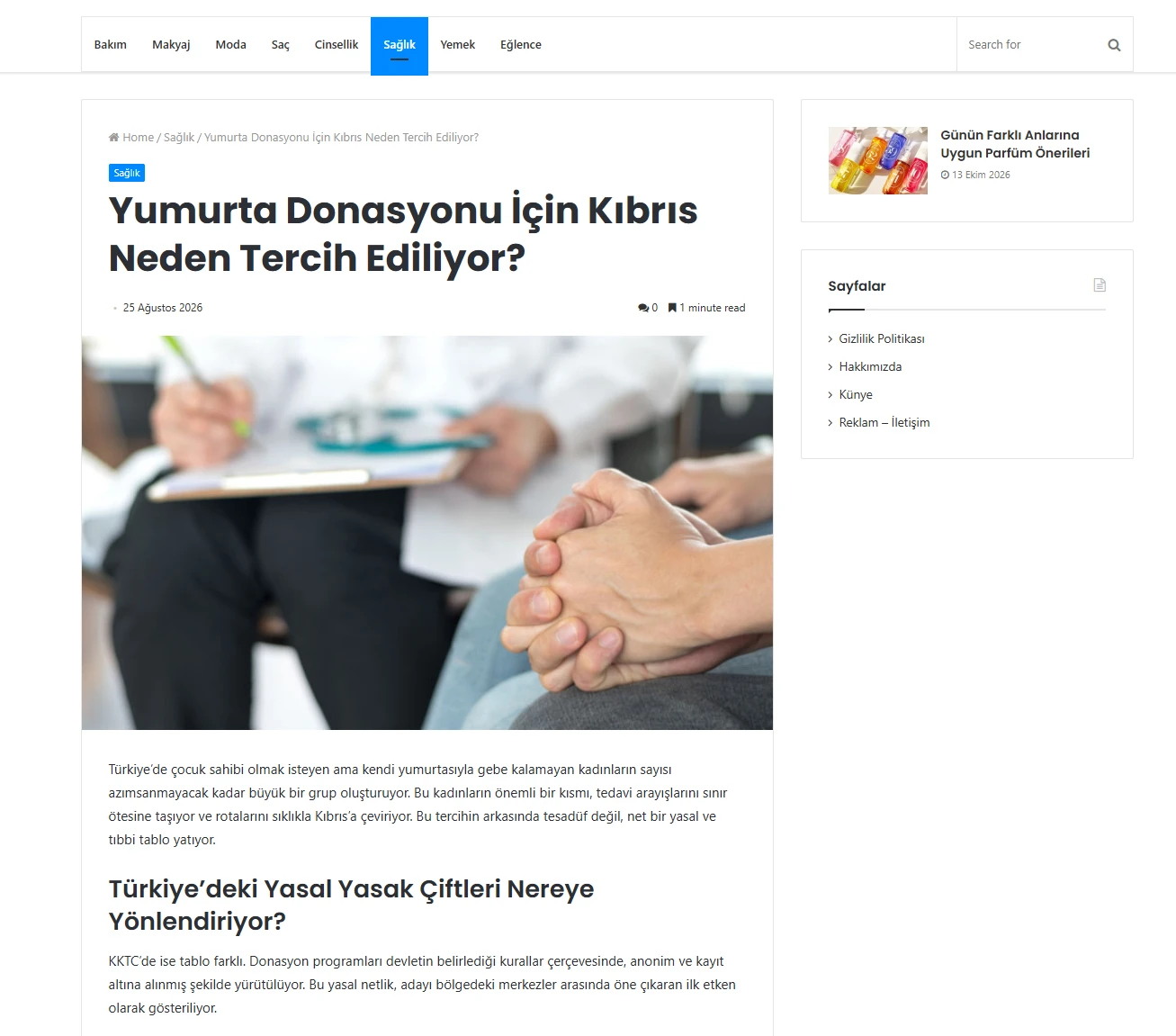 Kadın Sitesi'nde yayımlanan Yumurta Donasyonu İçin Kıbrıs Neden Tercih Ediliyor haberi