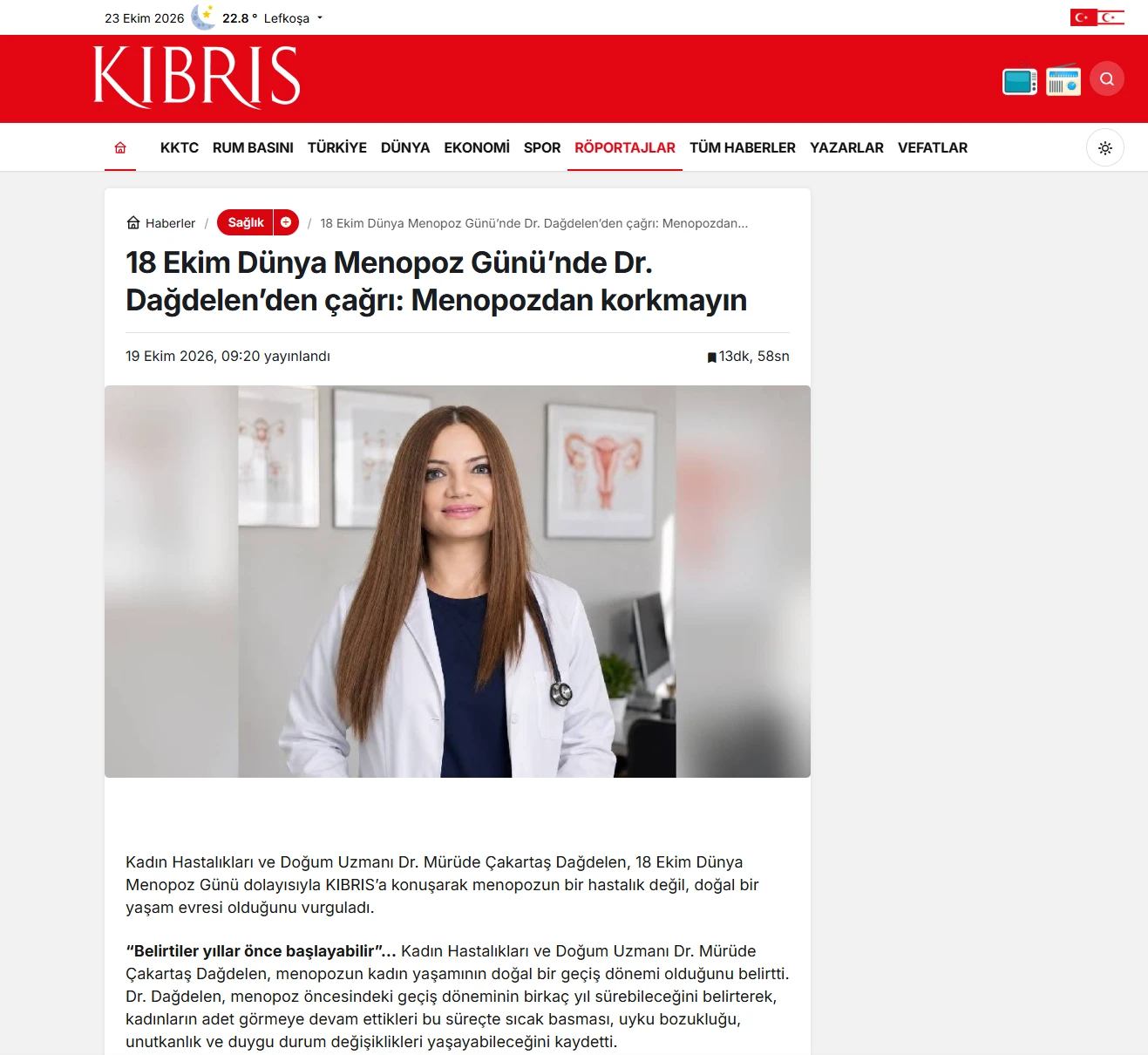Kıbrıs Gazetesi'nde yayımlanan Dr. Mürüde Çakartaş Dağdelen'in Dünya Menopoz Günü haberi